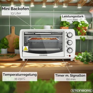 Міні-піч 13 літрів, 1200 Вт, піч для піци, 65°-230°C, таймер, піддон для крихт, міні-піч