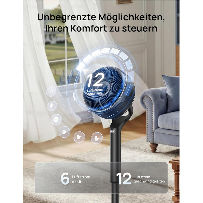 Вентилятор кімнатний DREO Smart-Ventilator: Охолодження, 150° осциляція, DC мотор, 12 режимів, пульт, таймер 12 год