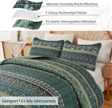 Покривало WONGS BEDDING 200x220 см, стьобане, 3 предмети, мікрофібра, зелений, з 2 наволочками 50x75, для двоспального ліжка та дивана, Boho стиль