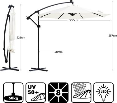 Сонячна LED парасоля Sekey 300 см для саду, кремова, з УФ-захистом 50+, на сонячних батареях, міцна та стійка
