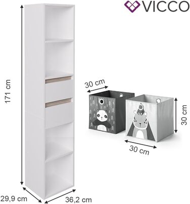 Дитячий стелаж Vicco Robert, білий/дуб сонома, 36.2x171 см, з складними коробами (сірі, різнокольорові)