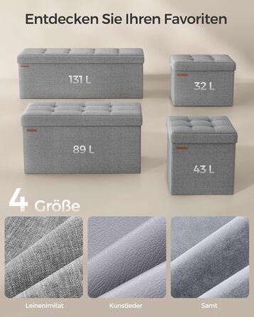 Складаний пуф SONGMICS з відсіком для зберігання, 110×38×38 см, до 300 кг, для вітальні, спальні, коридору, сірий