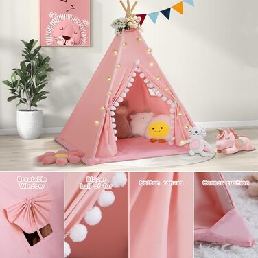 Дитяче намет Tipi з м'якою матрацом, бавовна, канвас. Намет Tipi для дітей з гірляндами, сумкою, прапором (білий, рожевий)