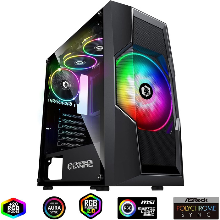 Корпус для ПК Empire Gaming Onyx ARGB, середній ATX, mATX, ITX, 4 адресовані RGB-вентилятори (1×200 мм, 3×120 мм), бокова панель із загартованого скла