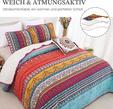 Постільна покривало WONGS BEDDING Boho 3-предметний комплект (220x240 см) з 2 наволочками 50x70 см, стібана ковдра з мікрофібри для спальні та дивана, Беміс