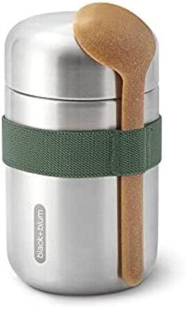 Термос для їжі BLACK+BLUM 400 мл, оливковий, вакуумний, з ложкою з деревних волокон, нержавіюча сталь, зберігає тепло 6 годин, холод 8 годин, герметичний