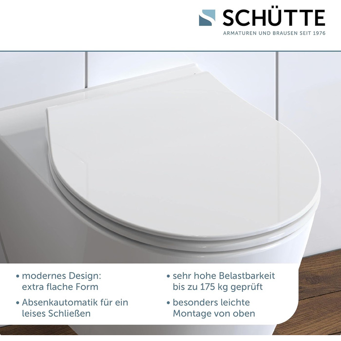 Сидіння для унітаза SCHÜTTE SLIM з мікроліфтом (м'яке закриття) та швидким монтажем, матеріал дуропласт, біле, витримує до 175 кг