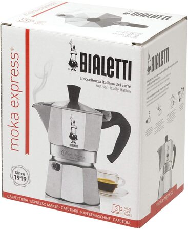 Bialetti Moka Express – італійська гейзерна кавоварка для плити, алюмінієва, 3 чашки (130 мл), срібляста