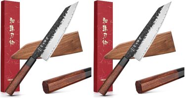 Професійний японський ніж Kiritsuke HEZHEN (21,5 см), кухонний ніж із 3-шарової дамаської сталі з восьмигранною ручкою з червоного дерева та дерев'яним чохлом, набір 2 шт.
