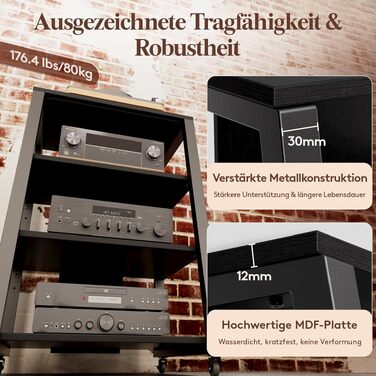 Polycote HiFi тумба з полицями на колесах, регульовані полиці, стійка для програвача з розетками та LED підсвіткою, коричнево-чорна, 60x55x90 см