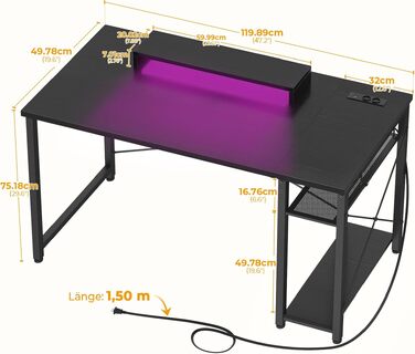 Ігровий стіл iSunirm з LED підсвіткою, розетками та USB, комп'ютерний стіл з підставкою для монітора. Сучасний офісний стіл для роботи та геймінгу, чорний 120x50x75 см