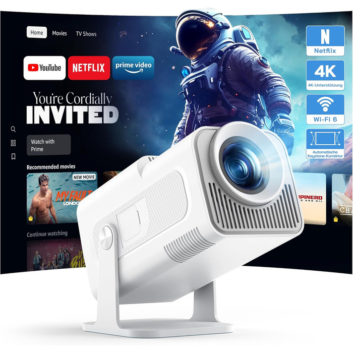 WOLFANG Міні проєктор 4K з Netflix, 26000 люмен, WiFi 6, Smart, 50% Zoom, 180° обертання, сумісний з TV Stick, iOS, Android, PC, PS5, HDMI, AV