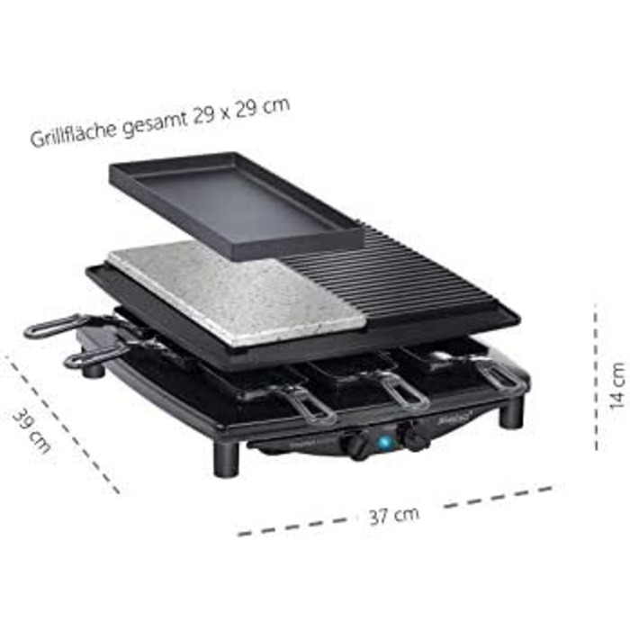 Раклетниця Steba RC 4 Plus Deluxe з антипригарною литою та натуральною кам'яною плитою, 8 емальованих лотків, 29x29 см, виробництво Німеччина