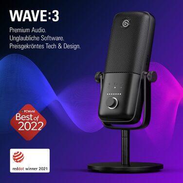 Elgato Wave:3 – професійний USB конденсаторний мікрофон для стрімінгу, подкастів, ігор та домашнього офісу, з безкоштовним мікшуванням і плагінами звукових ефектів, захист від спотворень, Plug & Play, для Mac і ПК