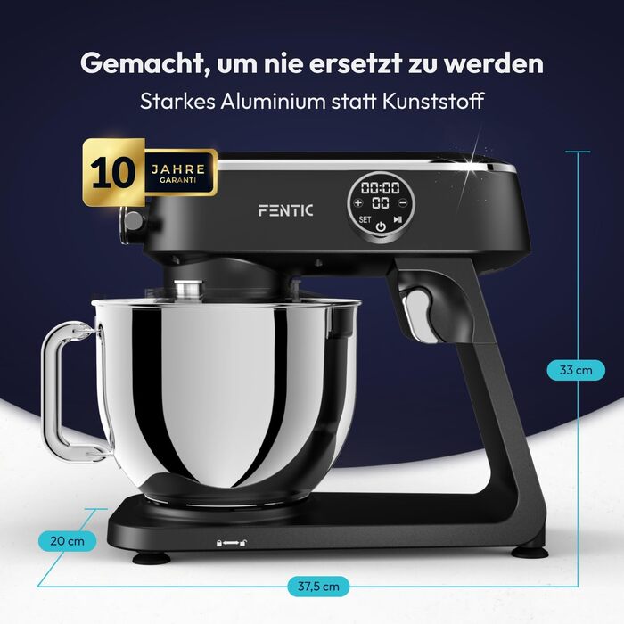 Планетарний міксер Küchenmaschine 1800W з чашею з нержавіючої сталі 7л, тістоміс для хліба та піци, 10 швидкостей з таймером, набір насадок та захистом від бризок (Чорний)