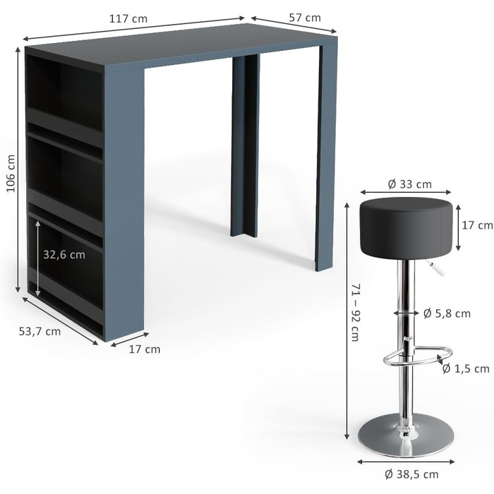 Барний стіл Vicco Bartisch-Set з 2 барними табуретами, антрацит, 117 x 57 см