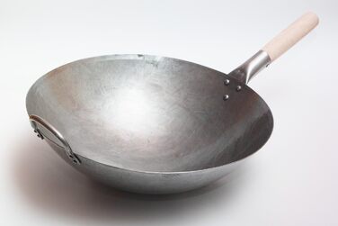 Велика важка ручна сковорода-вок із вуглецевої сталі Craft Wok 40 см з дерев'яною та сталевою ручкою, кругле дно