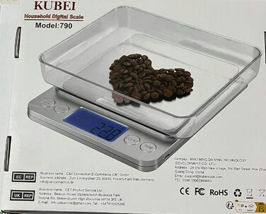 Цифрова кухонна вага KUBEI 5кг/0,1г, велика нержавіюча платформа, USB-заряджання, високоточна побутова вага, таймер вимкнення