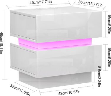 Нічний столик з розеткою та LED-підсвіткою, з USB-зарядкою та 2 шухлядами (45x35x46 см, білий)