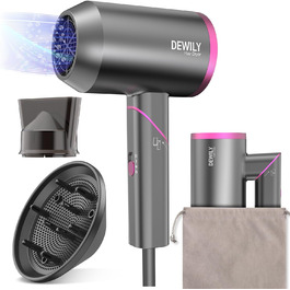 Іонний фен для волосся з дифузором DEWILY, портативний, складаний, малогабаритний, тихий, для завивки, 3 режими нагріву, сірий, 2 насадки
