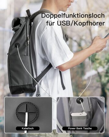 Inateck RollTop рюкзак 25-30 л для чоловіків і жінок, міський велосипедний рюкзак для ноутбука 17'', шкільний, для університету, подорожей, роботи та спорту, сірий