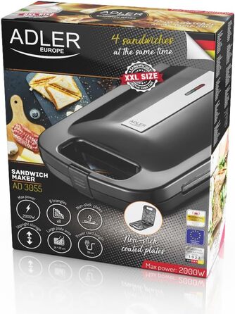Сендвічниця Adler AD 3055 XXL, 2000 Вт, тостер для 4 сендвічів, з вогнетривкою ручкою та гумовими ніжками, чорна