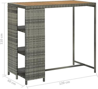 Барний стіл із полицею vidaXL, кухонний високий стіл, сірий, 120x60x110 см, поліратан