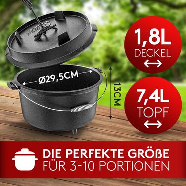 Набір чавунного казана BBQ Dutch Oven [Das Original] на 10,8 л з підставкою та кришкою-гриль на 2,2 л, підйомником та e-book