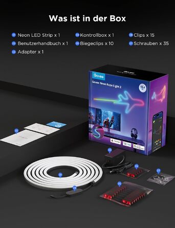 Гнучка неонова LED стрічка Govee Neon Rope Light 2, RGBIC підсвітка з можливістю створення DIY дизайну, чорна, 5м