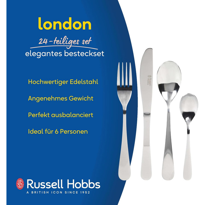 Набір столових приборів Russell Hobbs London 24 предмети, нержавіюча сталь, на 6 осіб, для мийки в посудомийній машині. Гарантія 15 років