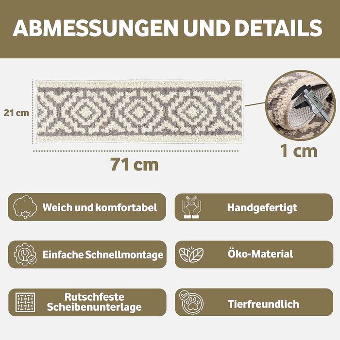 CASRIC® Набір килимків для сходів Jasmine 15 шт. 71x21 см – м’які внутрішні ступені, протиковзна підкладка, сучасний товстий килим 1 см, комфорт для ніг