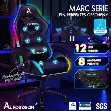 Ігрове крісло ALFORDSON з 8-точковим масажем, RGB LED підсвіткою, ергономічне, з підніжкою, підголівником і поперековою подушкою, для дітей та дорослих, чорне