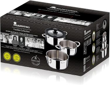 Набір каструль MasterPro Foodies з нержавіючої сталі, 4 предмети (16, 20, 24 см) з скляною кришкою, підходить для всіх типів плит