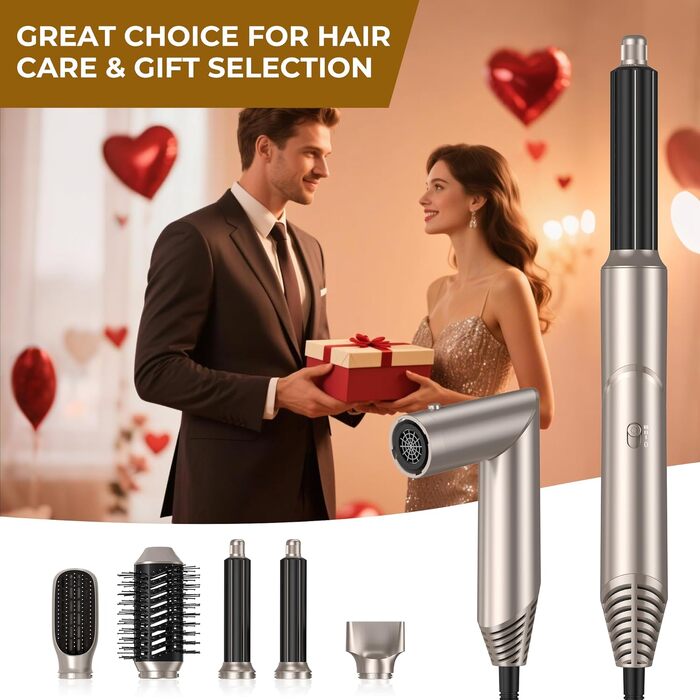 UKLISS Airstyler 5-в-1: Фен-щітка, стайлер для волосся з іонізацією, випрямляч, плойка для локонів, насадки для укладання. Золото-білий колір