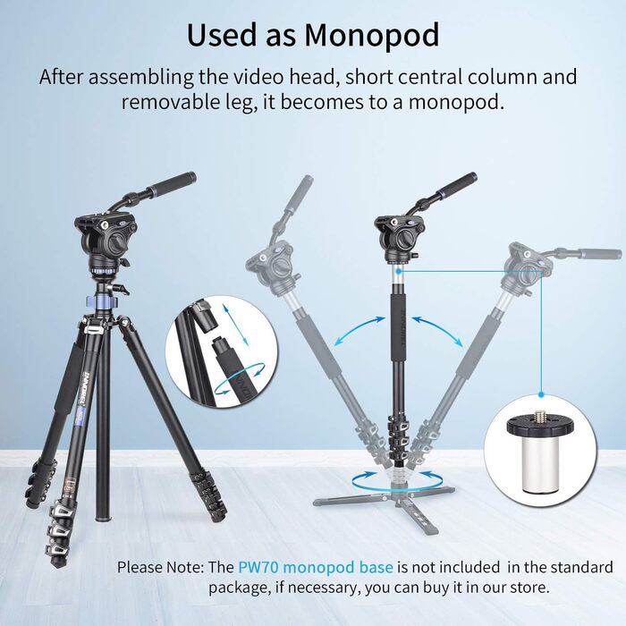 INNOREL MT70 професійний відеоштатив 183 см з флюїдною головою, 4-секційний компактний алюмінієвий штатив, трансформується в монопод для DSLR-камери та відеокамкордера