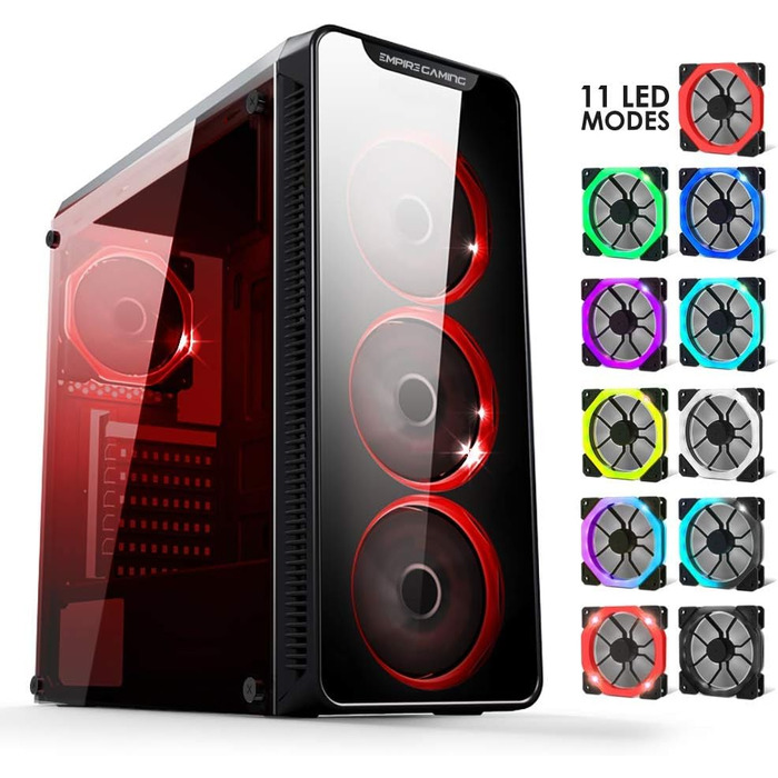 Ігровий корпус для ПК EMPIRE GAMING Warmachine ATX, середній, 4 безшумні вентилятори, LED-RGB-підсвічування, 11 режимів, скло спереду та збоку