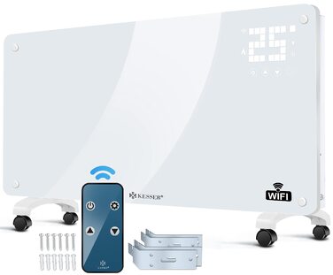 Скляний конвектор KESSER електрообігрівач 2500 Вт з WiFi, керуванням через APP та пультом, сенсорним дисплеєм та таймером, білий