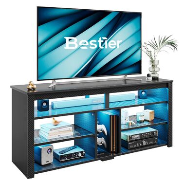 Стійка під телевізор Bestier 70" з підсвіткою LED, тумба для PS5, сучасний ТВ-шаф для вітальні/спальні (140x33.8x61.5 см, чорна карбонова текстура)
