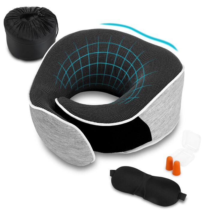 Ергономічна подушка для шиї Collazoey з ефектом пам'яті (Memory Foam) для подорожей, набір з маскою для сну, берушами та сумкою для зберігання, світло-сіра