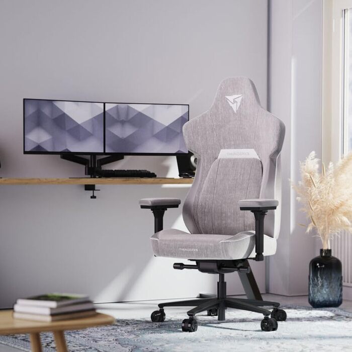 Ігрове крісло ThunderX3 CORE Loft, ергономічне, тканинне, світло-сіре, з підставкою для ніг, підтримкою попереку та меморі-подушкою