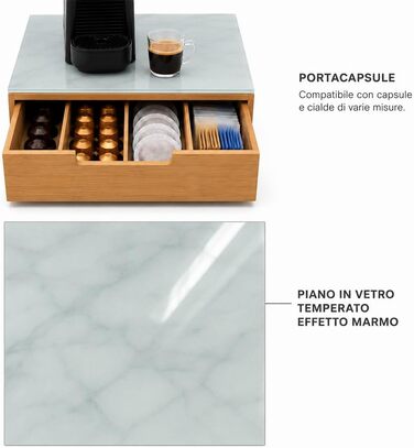 Тримач для кавових капсул BAKAJI з шухлядою з бамбукового дерева для Nespresso, Dolce Gusto, Modomio, Lavazza, чайних пакетів та цукру, білий (31,5 x 30 x 10 см)
