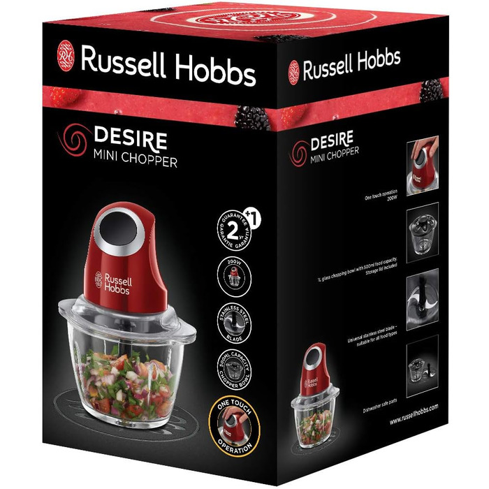 Електричний міні-подрібнювач Russell Hobbs Desire (24660-56) для овочів, фруктів та м'яса, скляна чаша 500 мл з кришкою для зберігання, червоний