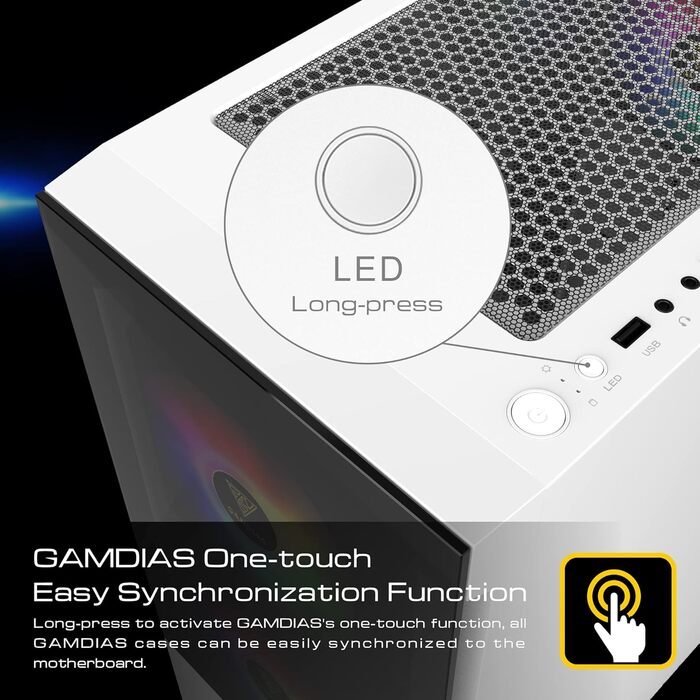 Ігровий корпус GAMDIAS ATX Mid-Tower, 3x120мм ARGB вентилятори, білий, скляна бокова панель, сітчаста передня панель, PSU-кожух