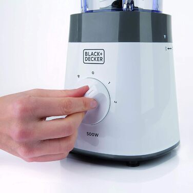 Блендер BLACK+DECKER 500Вт, 1,5л, скляна чаша, 2 швидкості, пульс, 4-лопатевий ніж, легке очищення, білий/сірий
