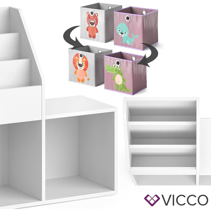 Дитяча полиця Vicco Luigi біла 72x79 см з 2 складаними боксами Лев/Крокодил