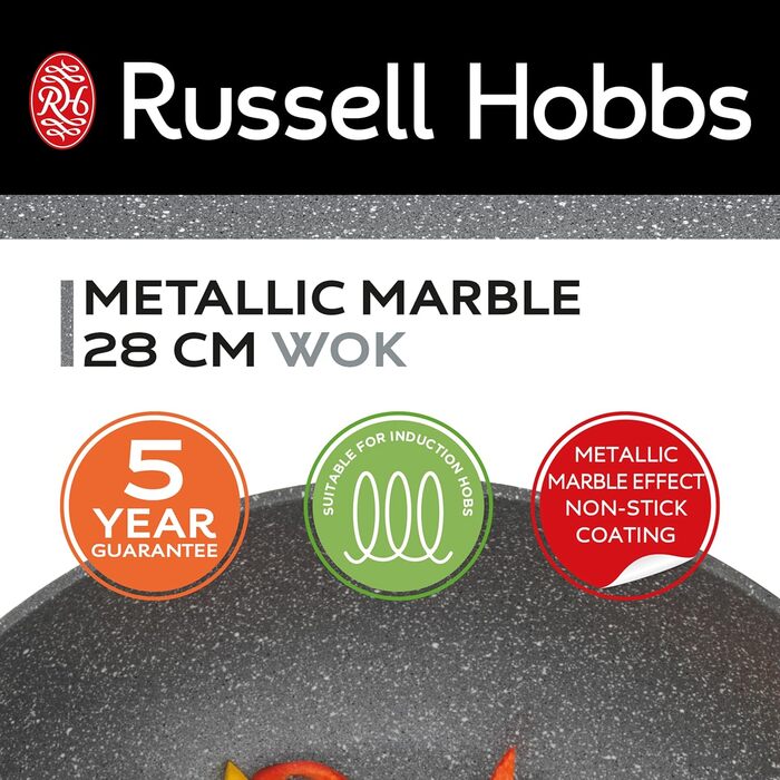 Вок Russell Hobbs 28 см Metallic Marble з антипригарним покриттям, сімейна універсальна сковорода з кришкою з загартованого скла для індукції