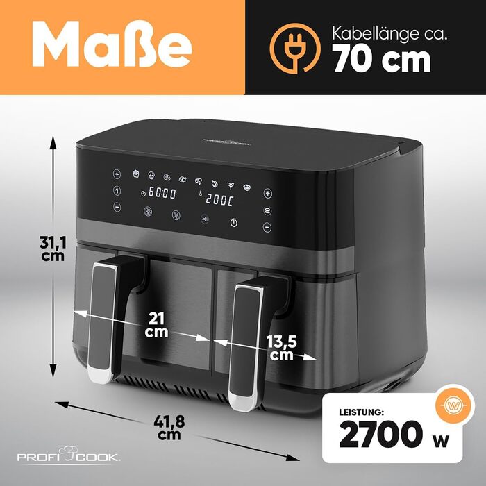 Аерофритюрниця ProfiCook PC FR 1295 H з двома камерами та системою одночасного приготування, 9 л, антипригарне покриття