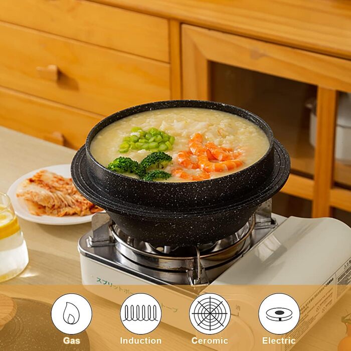 Кам'яна корейська миска з кришкою Bobikuke 20 см, Dolsot Bibimbap, 2,3 л, чорна — для гарячих страв, супу, хот-пот