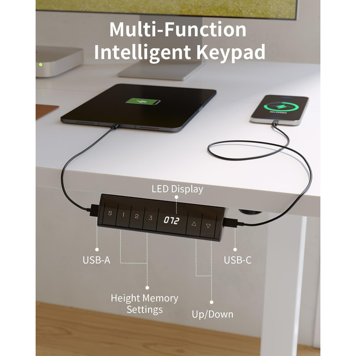 Електричний підйомний стіл FEZIBO 100x60 см, регульований робочий стіл з USB-C та USB-A портами, 3 режимами пам'яті, висота 72–118 см, білий