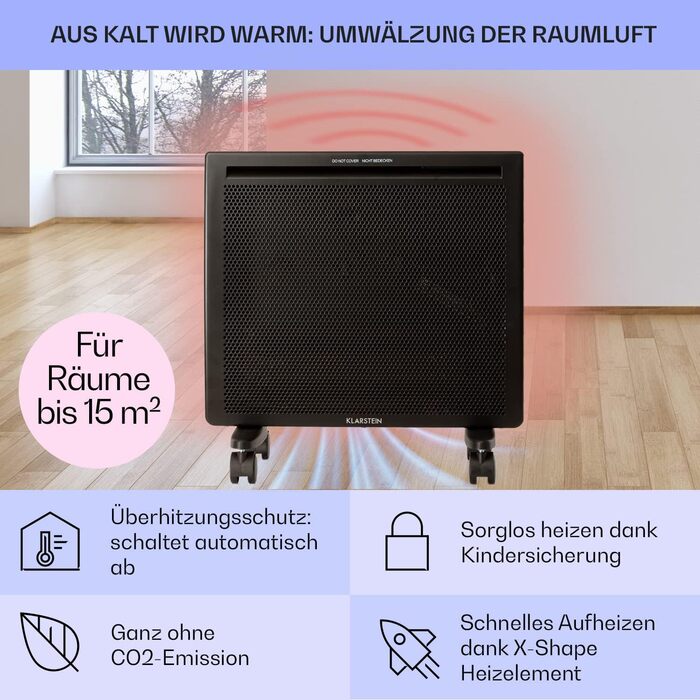Електрообігрівач Klarstein Hot Spot Slimcurve Double 2-в-1, конвекційний та інфрачервоний, 1000 Вт, чорний, захист від перегріву, тижневий таймер, настінний або підлоговий монтаж, сталевий корпус